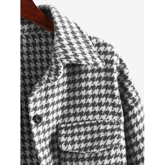 Women's Houndstooth Print Turn Down Collar Pocket Design Boyfriend Shacket Winter Woolen Shirt Women's Houndstooth Print Turn Down Collar Pocket Design Boyfriend Shacket Winter Woolen Shirt