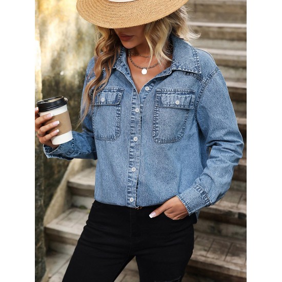 Women's Streetwear Acid Wash Pocket Button Up Curved Hem Long Sleeve Denim Shacket Women's Streetwear Acid Wash Pocket Button Up Curved Hem Long Sleeve Denim Shacket