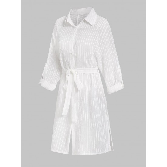 Women's Beach Vacation Bikini Cover Ups Striped Semi-sheer Button Up Raglan Long Roll Tab Sleeve Slit Side Belted Mini Shirt Dress Women's Beach Vacation Bikini Cover Ups Striped Semi-sheer Button Up Raglan Long Roll Tab Sleeve Slit Side Belted Mini Shirt Dress