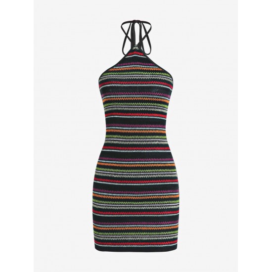 Open Back Halter Colorful Stripes Knit Slinky Mini Dress Open Back Halter Colorful Stripes Knit Slinky Mini Dress