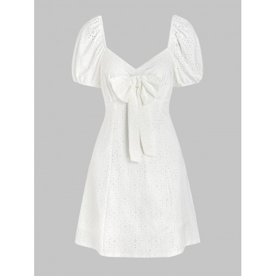 Solid Color Eyelet Bow Zip Back Mini Dress Solid Color Eyelet Bow Zip Back Mini Dress