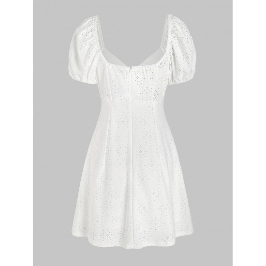 Solid Color Eyelet Bow Zip Back Mini Dress Solid Color Eyelet Bow Zip Back Mini Dress