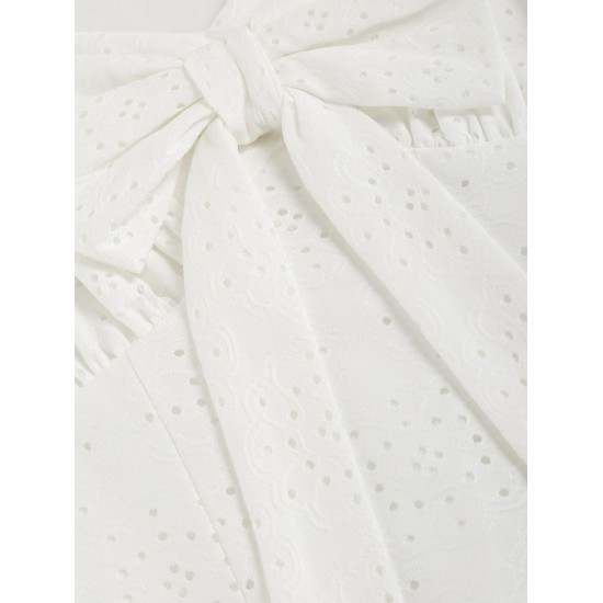 Solid Color Eyelet Bow Zip Back Mini Dress Solid Color Eyelet Bow Zip Back Mini Dress