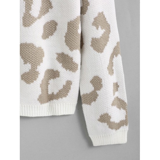 Leopard Drop Shoulder Half Button Jumper Sweater Leopard Drop Shoulder Half Button Jumper Sweater