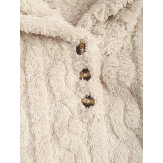 Women's Fluffy Fuzzy Faux Fur Cable Jacquard Textured Half Button Short Pullover Daily Casual Hoodie Women's Fluffy Fuzzy Faux Fur Cable Jacquard Textured Half Button Short Pullover Daily Casual Hoodie