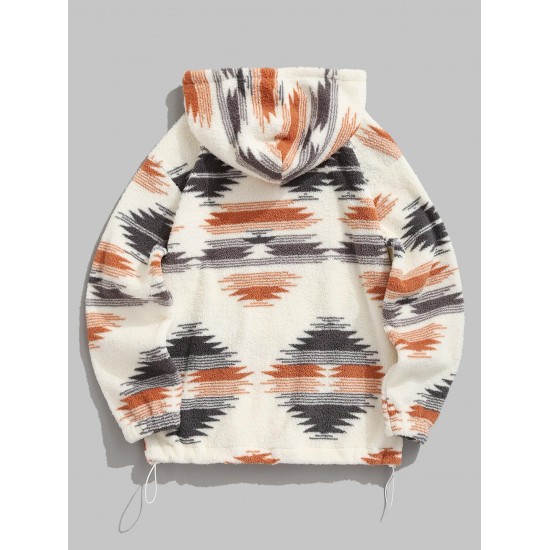 Women's Ethnic Style Aztec Tribal Geo Printed Quarter Zip Drawstring Fluffy Fuzzy Textured Kangaroo Pocket Loose Pullover Hoodie Women's Ethnic Style Aztec Tribal Geo Printed Quarter Zip Drawstring Fluffy Fuzzy Textured Kangaroo Pocket Loose Pullover Hoodie